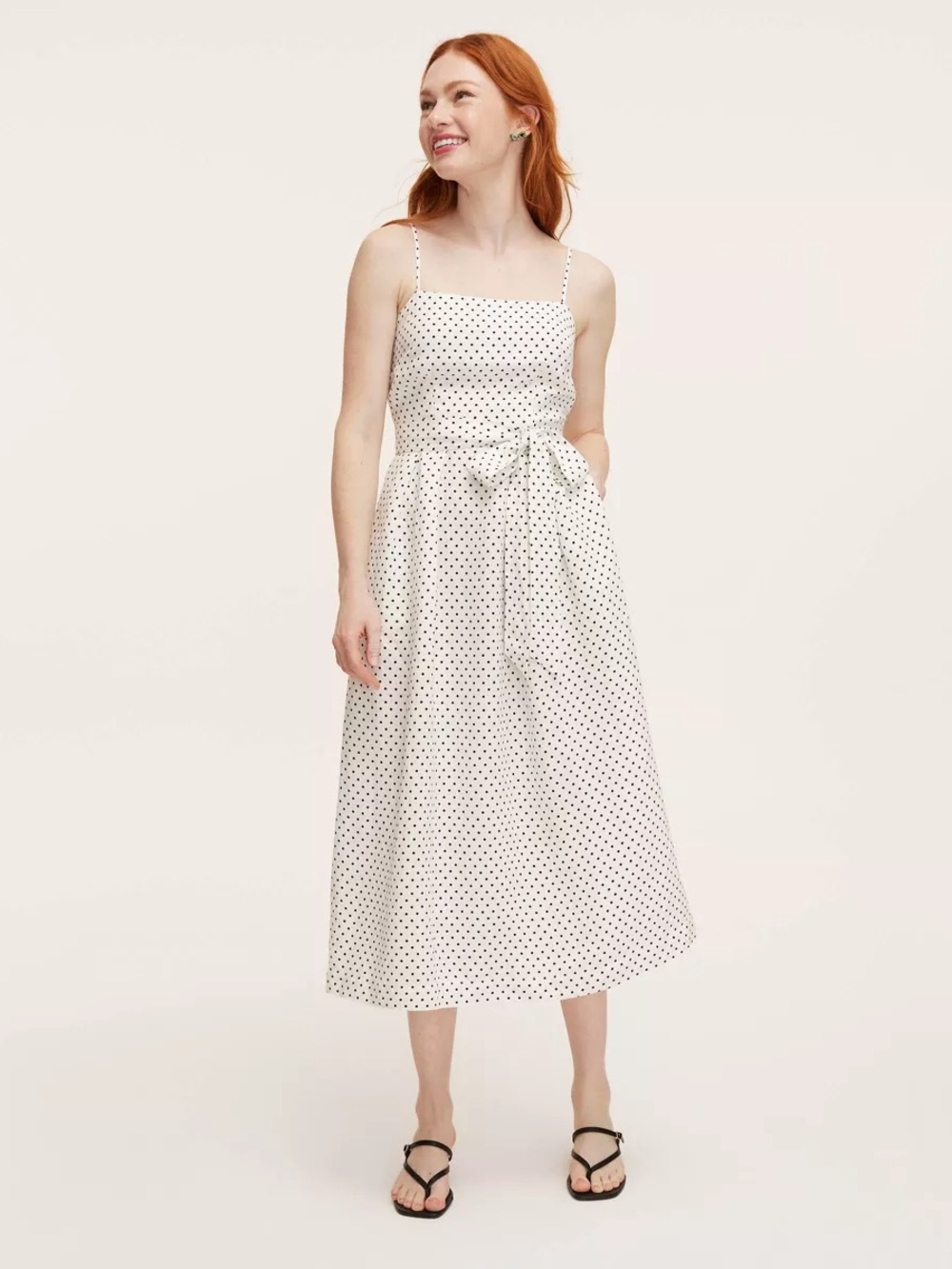 kate spade White and Black Polka Dot Midi Dress with Tie Waist